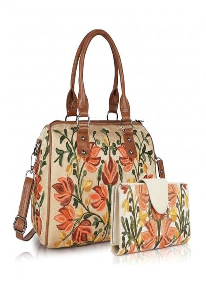EVEDA Ladies Floral Embroidered Handbag Set, Canvas Satchel with Brown Leather Trim, Coral and Yellow Flowers, Matching Wallet (Maroon) - Image 1
